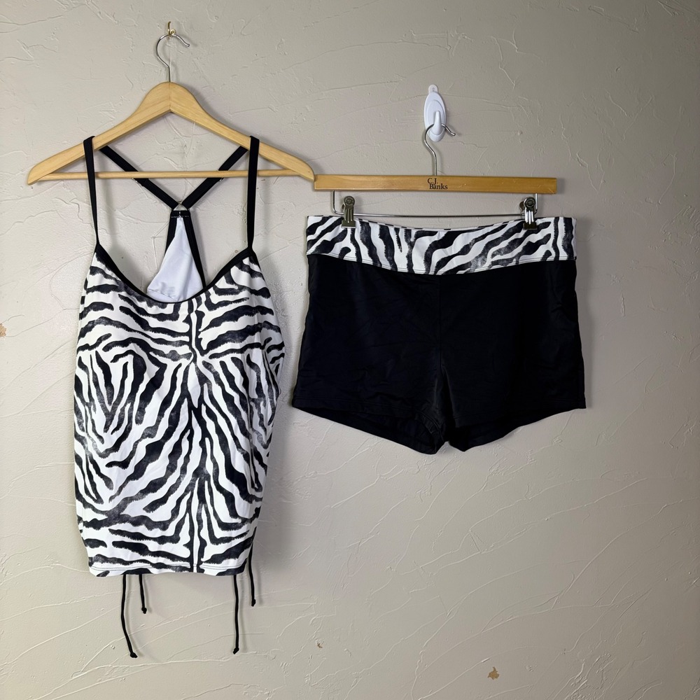 South Point Tankini Swimsuit Set Women 18W Zebra Print Tankini Top Shorts Black